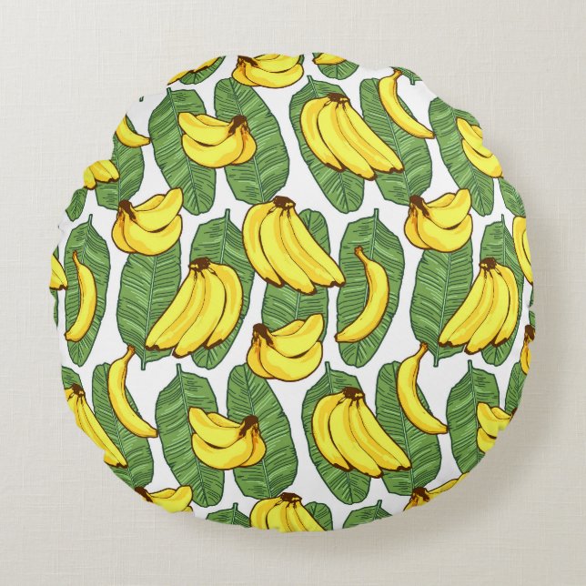 Banana Leaves: Tropical Fruit Pattern Round Cushion (Front)