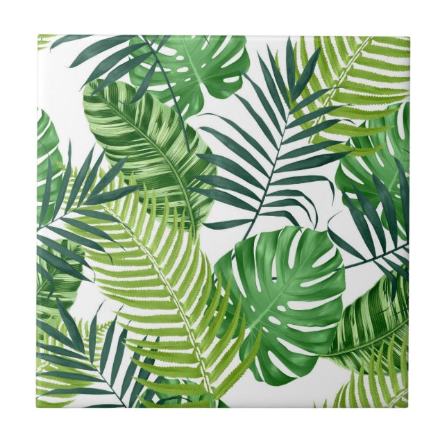 Banana Monstera Palm Green Tropical Leaves Ceramic Tile (Front)