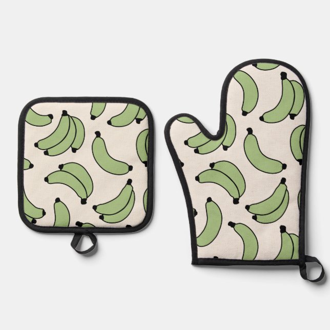 Banana Parade Sage Green Oven Mitt & Pot Holder Set (Front)