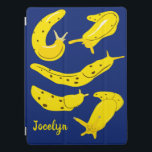 Banana Slugs Yellow and Blue Personalised iPad Pro Cover<br><div class="desc">Protect your iPad in style with this personalised cover. It features illustrations of banana slugs in a bright sunny yellow set against a royal blue background,  and is ready to be personalised with a name in yellow script lettering.</div>