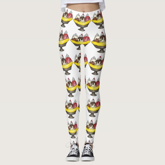 Banana Split Ice Cream Hot Fudge Sundae Foodie Leggings (Front)
