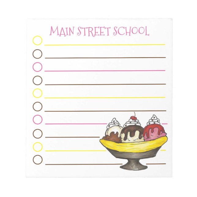 Banana Split Ice Cream Sundae Grocery List Notepad (Front)