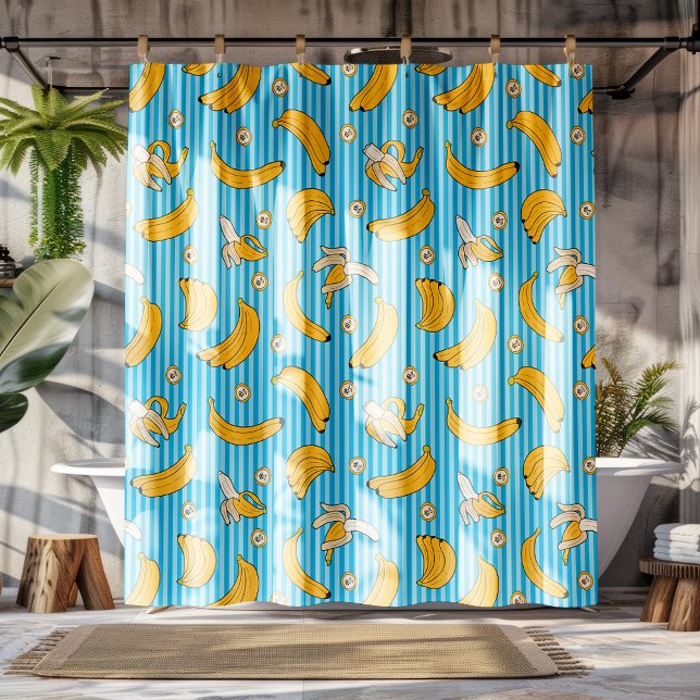 Banana Stripe Vector Pattern | Turquoise Blue Shower Curtain (Creator Uploaded)