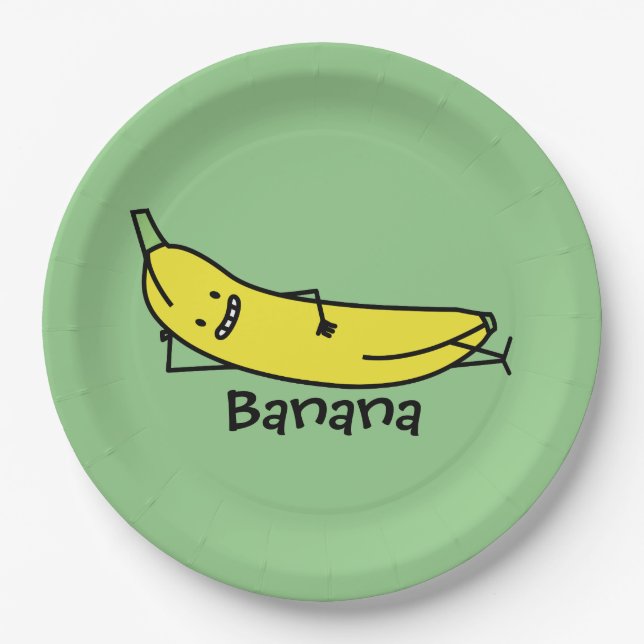 Banana that's smiling, laying down and relaxing paper plate (Front)