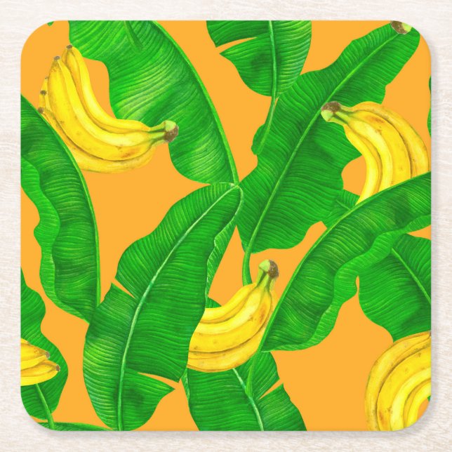 Bananas and leaves watercolor design square paper coaster (Front)