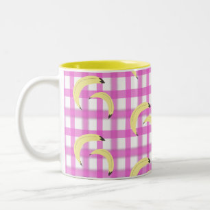 Bananas and Pink Plaid Pattern Two-Tone Coffee Mug