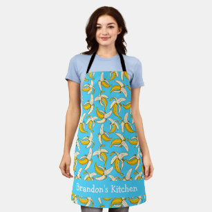 Bananas Tropical Blue and Yellow Fruit Pattern Apron