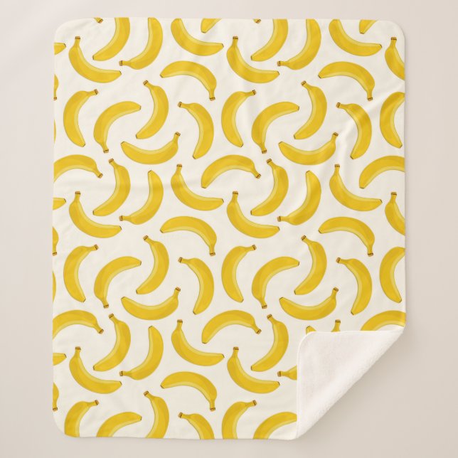 Bananas Tropical Fruit Print, Yellow and White Sherpa Blanket (Front)