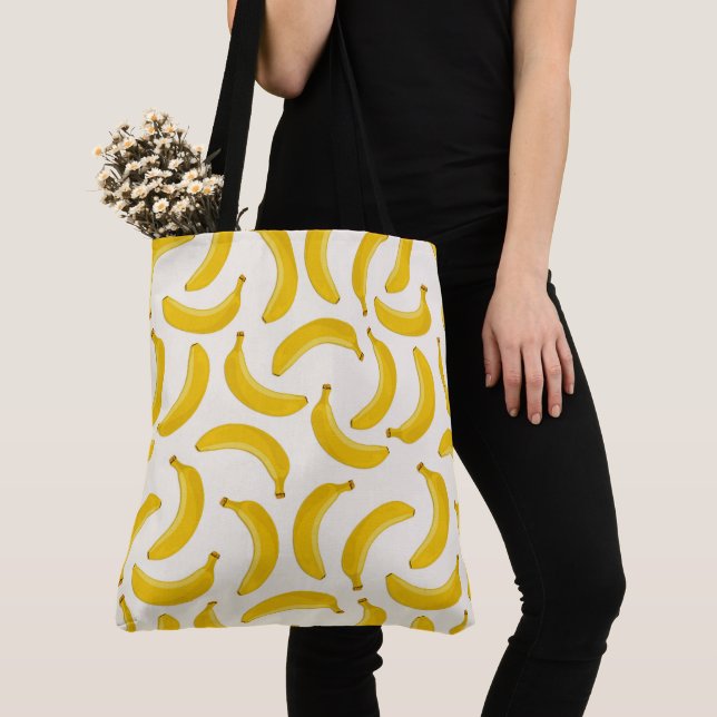 Bananas Tropical Fruit Print, Yellow and White Tote Bag (Close Up)