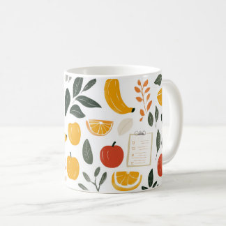 Bananes, pommes and orange tranches. coffee mug
