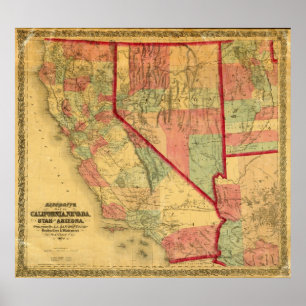 Bancroft's Map Of California, Nevada, Utah Poster