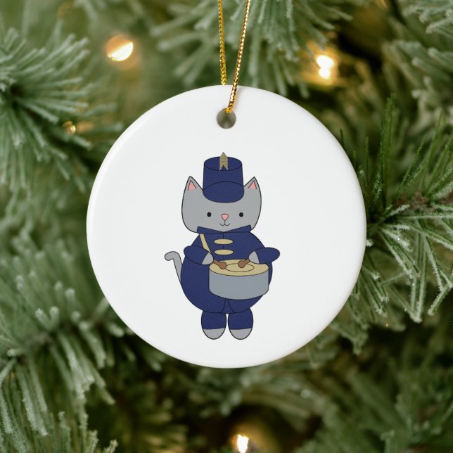 Band Drummer Cat Navy Blue Gold Personalize Ceramic Ornament (Tree)