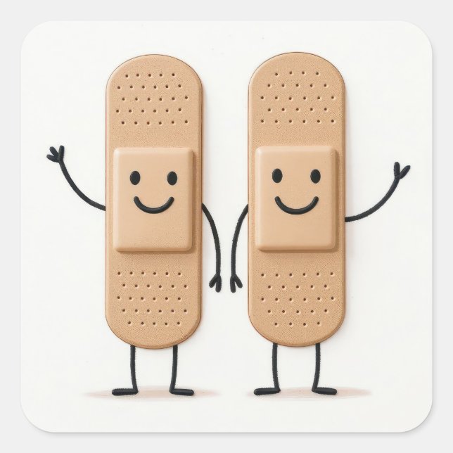 Bandage Stick Figure Couple Waving Square Sticker (Front)