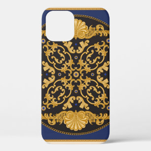 Bandana print on black and blue background, Gold c iPhone 12 Case