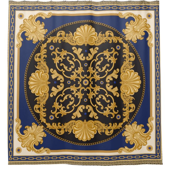 Bandana print on black and blue background, Gold c Shower Curtain (Front)