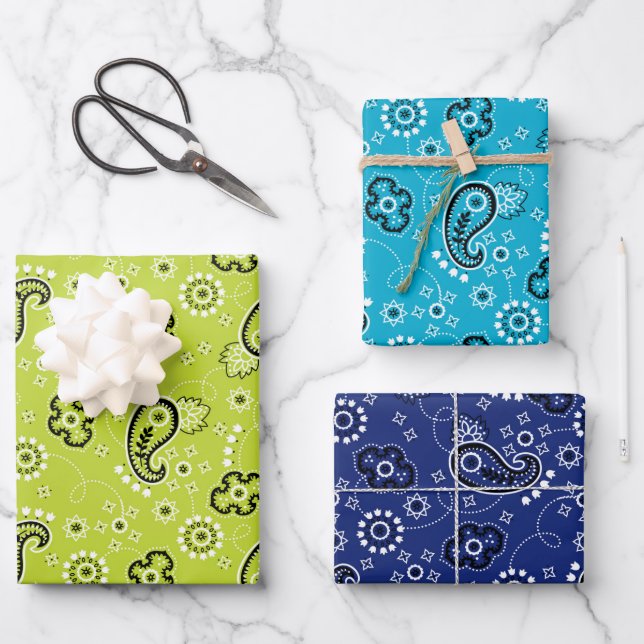 Bandanna Blue Green Mod Adventure Boys Fun Wrapping Paper Sheet (Front)