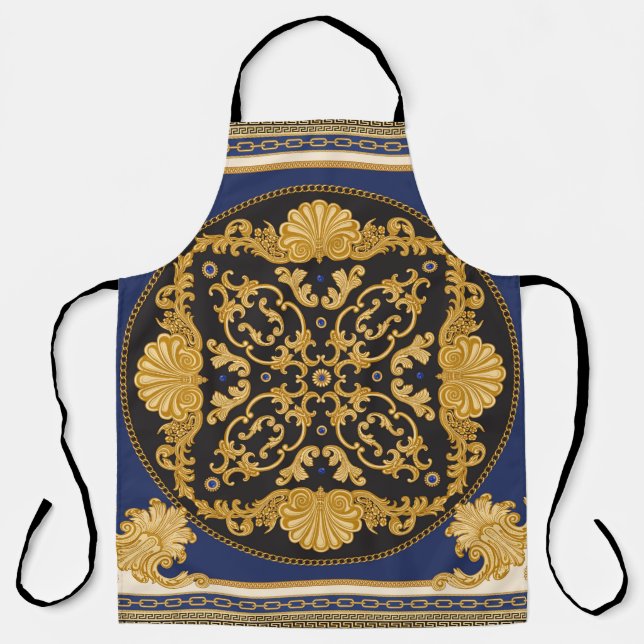 Bandanna Print: Black Blue Gold. Apron (Front)