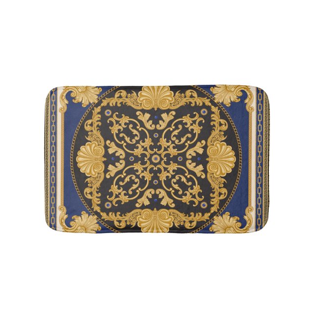 Bandanna Print: Black Blue Gold. Bath Mat (Front)