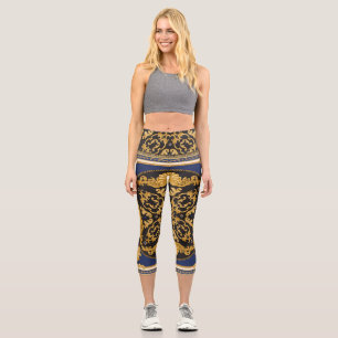Bandanna Print: Black Blue Gold. Capri Leggings