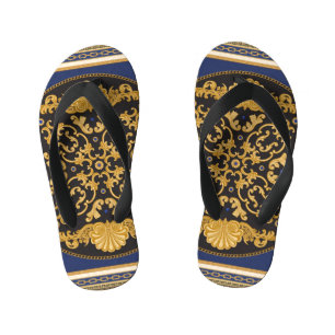 Bandanna Print: Black Blue Gold. Kid's Thongs