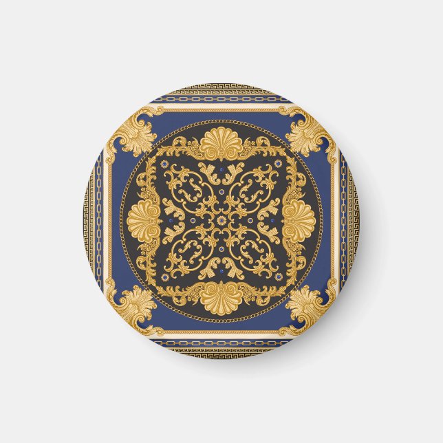 Bandanna Print: Black Blue Gold. Magnet (Front)