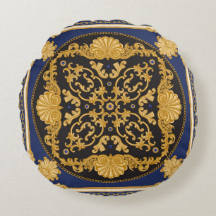 Bandanna Print: Black Blue Gold. Round Cushion
