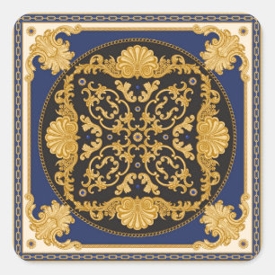 Bandanna Print: Black Blue Gold. Square Sticker