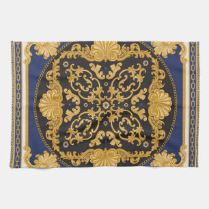 Bandanna Print: Black Blue Gold. Tea Towel