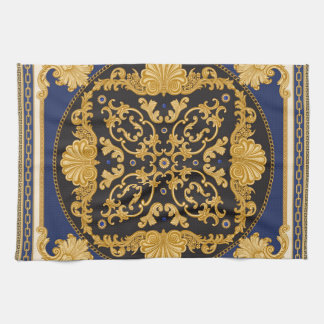 Bandanna Print: Black Blue Gold. Tea Towel