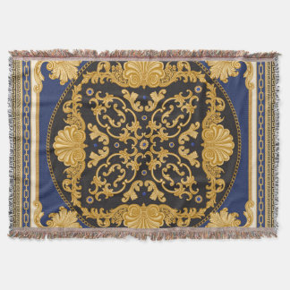 Bandanna Print: Black Blue Gold. Throw Blanket