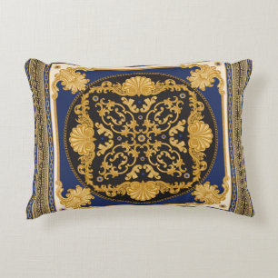 Bandanna print on black and blue background, Gold Decorative Cushion