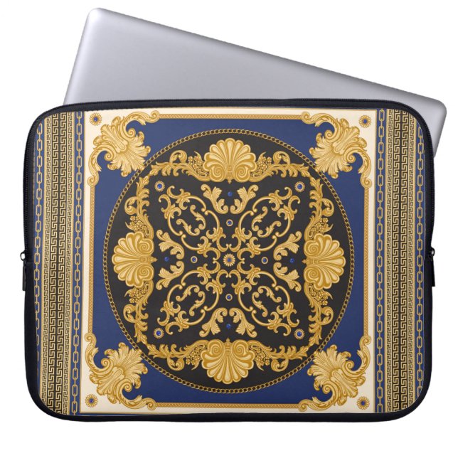 Bandanna print on black and blue background, Gold  Laptop Sleeve (Front)