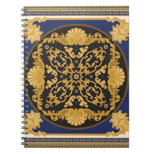 Bandanna print on black and blue background, Gold Notebook