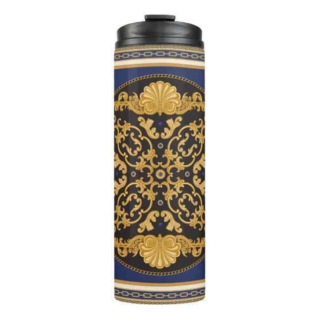 Bandanna print on black and blue background, Gold  Thermal Tumbler (Front)