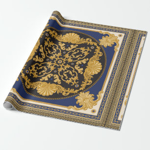 Bandanna print on black and blue background, Gold  Wrapping Paper