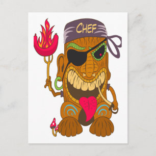 Bandanna Tiki Chef with Burning Sausage, Funny Postcard