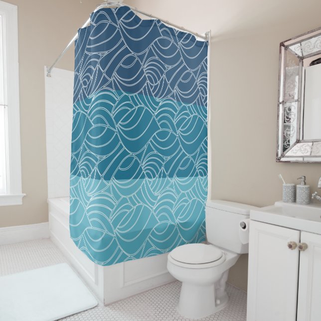 Banded Blues Ocean Waves Shower Curtain (In Situ)