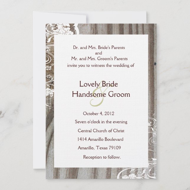 Banded Wood Shabby Lace Wedding Invitation, White Invitation (Front)