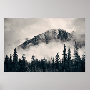 Banff national park foggy mountains and forest in  poster