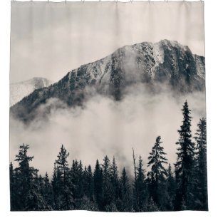 Banff national park foggy mountains and forest in shower curtain
