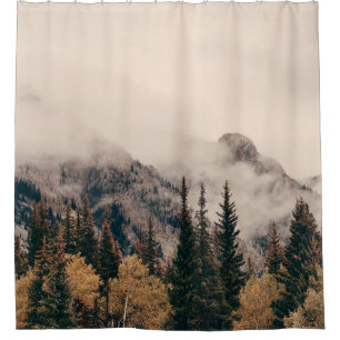 Banff national park foggy mountains and forest in  shower curtain