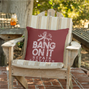 Bang On It Repair Services White Gfx Dark Red BG Cushion