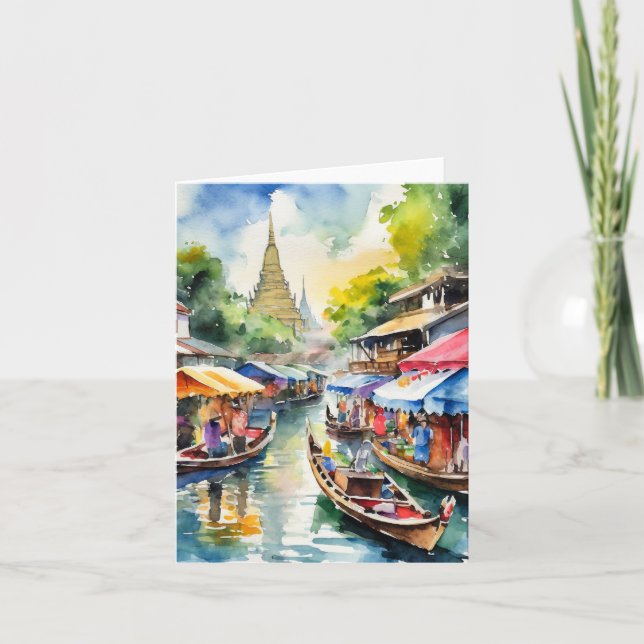 Bangkok Floating Market Thailand Watercolor Card (Front)