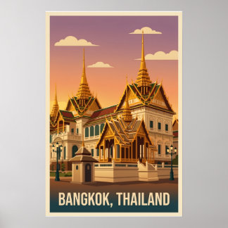 Bangkok Grand Palace Night Vintage Travel Poster