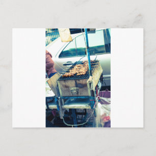 Bangkok street food barbeque with skewers postcard
