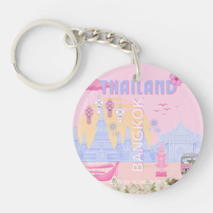 Bangkok Thailand Pastel Pink Blue Travel Poster Key Ring