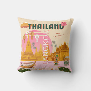 Bangkok Thailand Retro Vintage Travel Poster Cushion