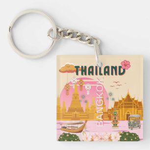 Bangkok Thailand Retro Vintage Travel Poster Key Ring