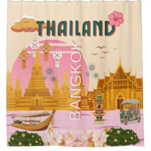 Bangkok Thailand Retro Vintage Travel Poster Shower Curtain
