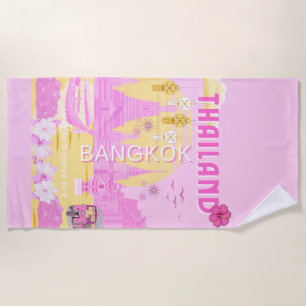 Bangkok Thailand Travel Poster Pink Retro Art Beach Towel